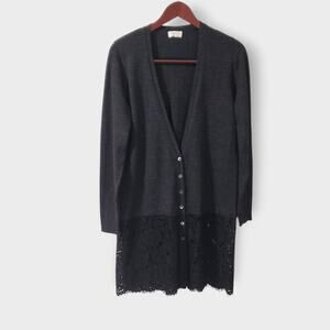 Wrap London Merino Wool Lace Trim Longlined Cardigan Grey Sz 10 Gothic Romantic